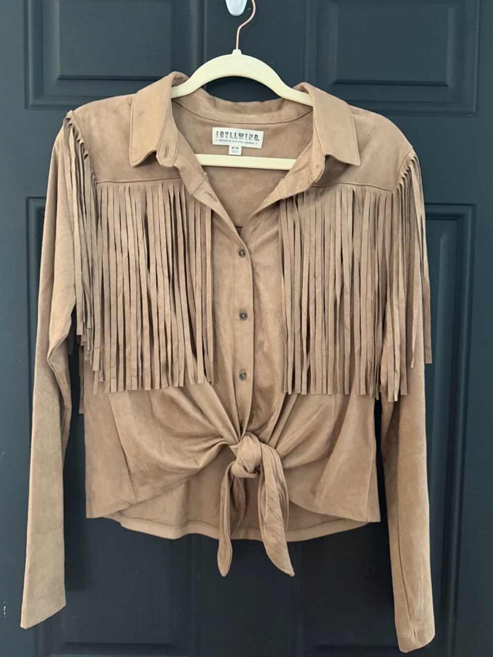 Idyllwind Tan Suede Fringed Button-Down Tie-Front Shirt